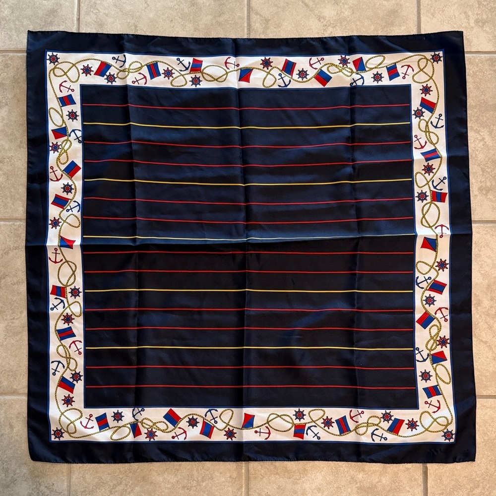 Navy Nautical Square Silk Scarf with Cream Anchor Border